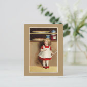 ヴィンテージの女の子の赤いドレスとカボチャのパイ ポストカード (スタンド正面)