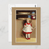 ヴィンテージの女の子の赤いドレスとカボチャのパイ ポストカード (正面/裏面)