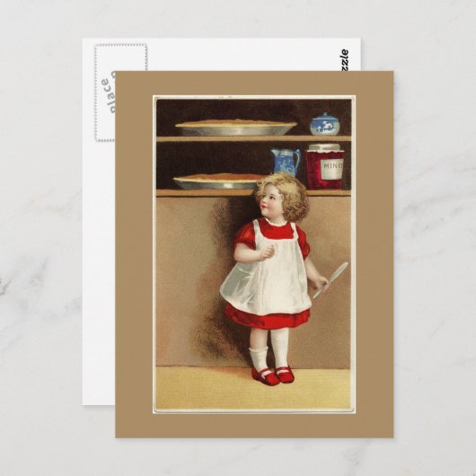 ヴィンテージの女の子の赤いドレスとカボチャのパイ ポストカード (正面/裏面)