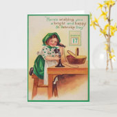 ヴィンテージの女の子の電話セントパトリックの日カード カード (黄色い花)