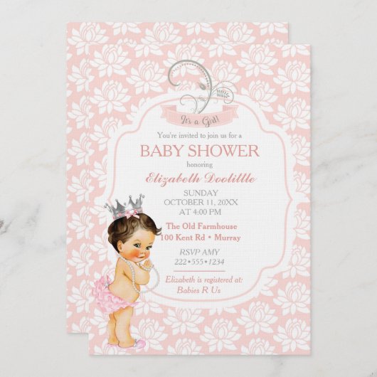 ヴィンテージの女の赤ちゃんのピンクの白及び灰色 招待状 (正面/裏面)