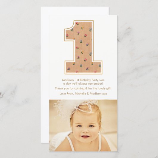 ヴィンテージの女の赤ちゃんの第1誕生日はフォトカード感謝していしています サンキューカード (正面/裏面)