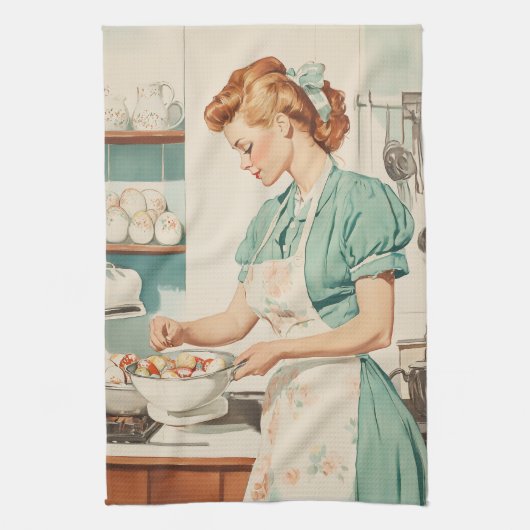 ヴィンテージの女性がイースターエッグを準備 キッチンタオル (縦)