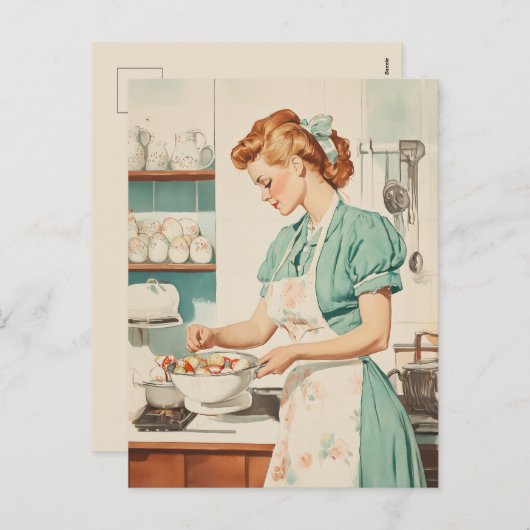 ヴィンテージの女性がイースターエッグを準備 シーズンポストカード (正面/裏面)
