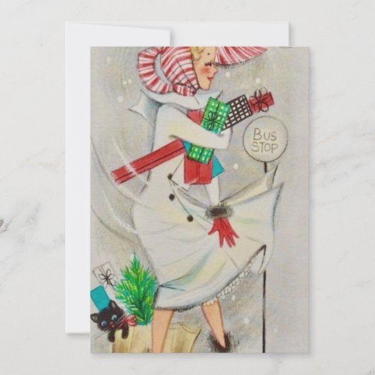 ヴィンテージの女性がクリスマスプレゼントを持っている シーズンカード (正面)