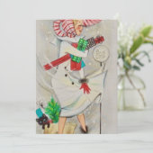 ヴィンテージの女性がクリスマスプレゼントを持っている シーズンカード (スタンド正面)