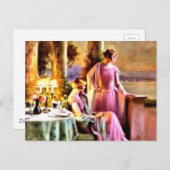 ヴィンテージの女性がディナーテーブルに座って ポストカード (正面/裏面)