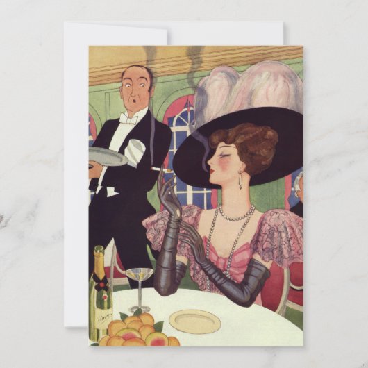 ヴィンテージの女性が煙草を吸い、シャンパンを飲む (正面)