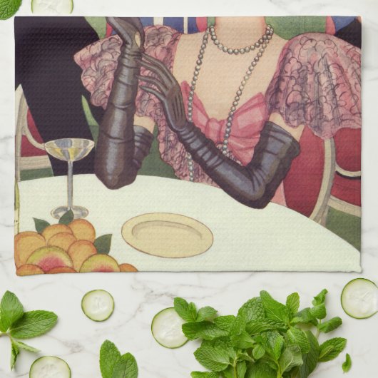 ヴィンテージの女性が煙草を吸い、シャンパンを飲む キッチンタオル (折り畳み)