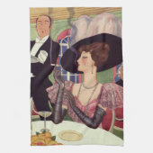 ヴィンテージの女性が煙草を吸い、シャンパンを飲む キッチンタオル (縦)