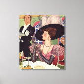 ヴィンテージの女性が煙草を吸い、シャンパンを飲む キャンバスプリント (正面)