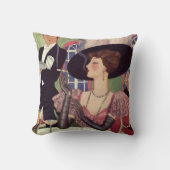 ヴィンテージの女性が煙草を吸い、シャンパンを飲む クッション (正面)