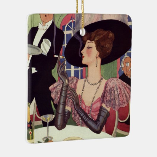 ヴィンテージの女性が煙草を吸い、シャンパンを飲む セラミックオーナメント (右)