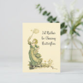 ヴィンテージの女性が蝶を追いかける ポストカード (スタンド正面)