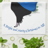 ヴィンテージの女性が青いクリスマスの挨拶 キッチンタオル (折り畳み)