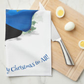 ヴィンテージの女性が青いクリスマスの挨拶 キッチンタオル (四つ折り)