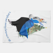 ヴィンテージの女性が青いクリスマスの挨拶 キッチンタオル (横)