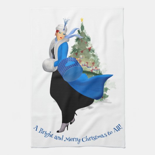 ヴィンテージの女性が青いクリスマスの挨拶 キッチンタオル (縦)