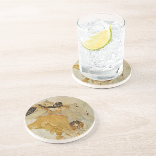 ヴィンテージの女性と彼女の犬コースター コースター (側面)