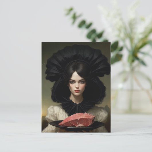 ヴィンテージの女性と生肉の皿 ポストカード (スタンド正面)