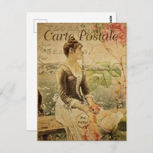 ヴィンテージの女性の田舎のフローラの花フランスの ポストカード (正面/裏面)