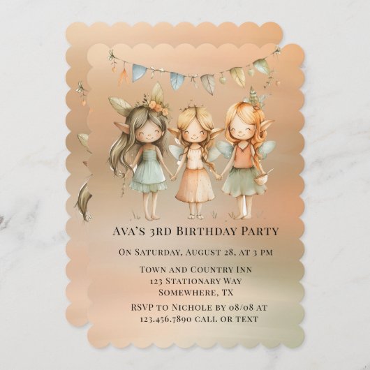 ヴィンテージの妖精と友人の女の子の誕生日パーティー 招待状 (正面/裏面)