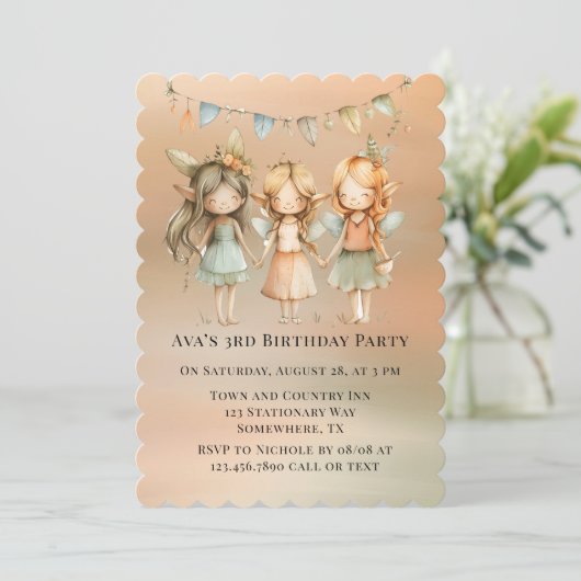 ヴィンテージの妖精と友人の女の子の誕生日パーティー 招待状 (スタンド正面)