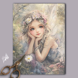 ヴィンテージの妖精の芸術と花の冠とデイジー 薄葉紙