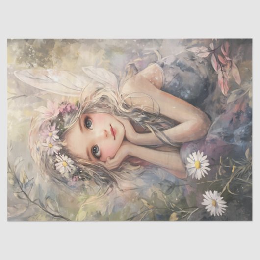 ヴィンテージの妖精の芸術と花の冠とデイジー 薄葉紙 (正面)