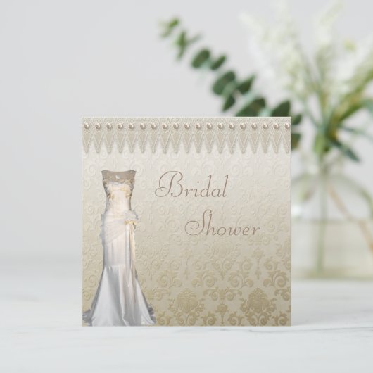 ヴィンテージの婚礼衣裳の真珠及びレースのブライダルシャワー 招待状 (スタンド正面)
