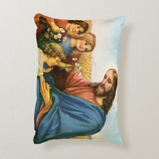 ヴィンテージの子どもがイエス・キリストに花を持って来る アクセントクッション (裏面(縦))