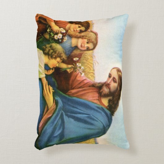 ヴィンテージの子どもがイエス・キリストに花を持って来る アクセントクッション (正面(垂直))