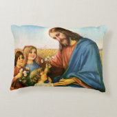 ヴィンテージの子どもがイエス・キリストに花を持って来る アクセントクッション (裏面)