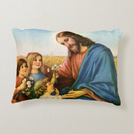 ヴィンテージの子どもがイエス・キリストに花を持って来る アクセントクッション (裏面)