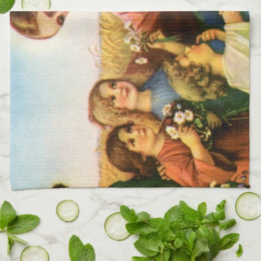 ヴィンテージの子どもがイエス・キリストに花を持って来る キッチンタオル (折り畳み)