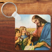 ヴィンテージの子どもがイエス・キリストに花を持って来る キーホルダー (正面)
