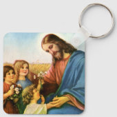 ヴィンテージの子どもがイエス・キリストに花を持って来る キーホルダー (裏面)