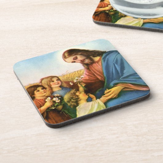 ヴィンテージの子どもがイエス・キリストに花を持って来る コースター (左側)