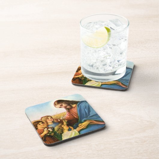 ヴィンテージの子どもがイエス・キリストに花を持って来る コースター (右側)