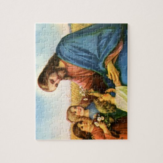 ヴィンテージの子どもがイエス・キリストに花を持って来る ジグソーパズル (縦)