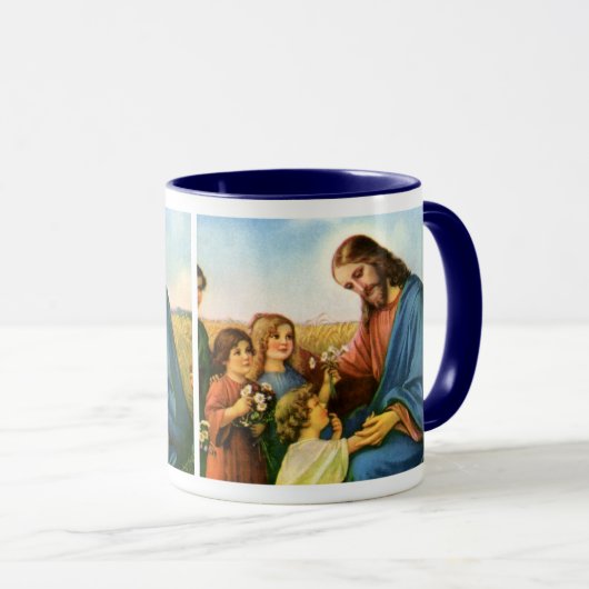 ヴィンテージの子どもがイエス・キリストに花を持って来る マグカップ (正面右)