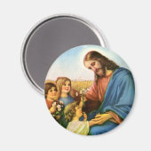 ヴィンテージの子どもがイエス・キリストに花を持って来る マグネット (正面/裏面)