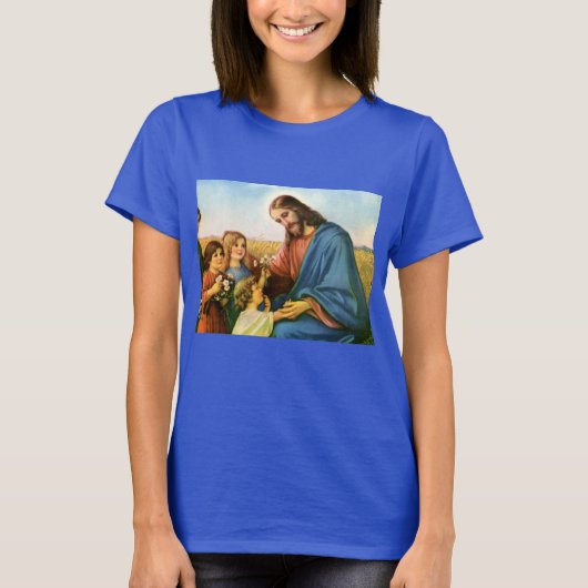 ヴィンテージの子どもがイエス・キリストに花を持って来る Tシャツ (正面)