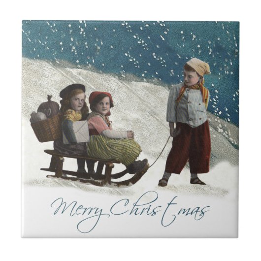 ヴィンテージの子どもたちがクリスマスの冬を過ごす タイル (正面)