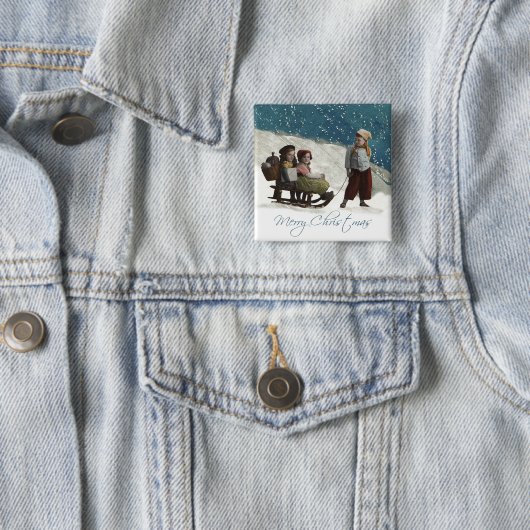 ヴィンテージの子どもたちがクリスマスの冬を過ごす 缶バッジ (インサイチュ)