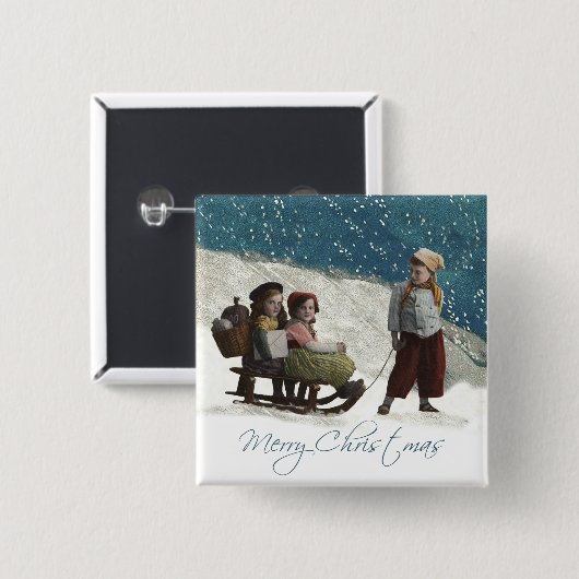 ヴィンテージの子どもたちがクリスマスの冬を過ごす 缶バッジ (正面&裏面)