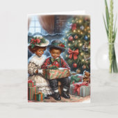 ヴィンテージの子どもたちがクリスマスプレゼントを開く カード (正面)