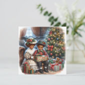 ヴィンテージの子どもたちがクリスマスプレゼントを開く カード (スタンド正面)