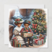 ヴィンテージの子どもたちがクリスマスプレゼントを開く カード (正面)