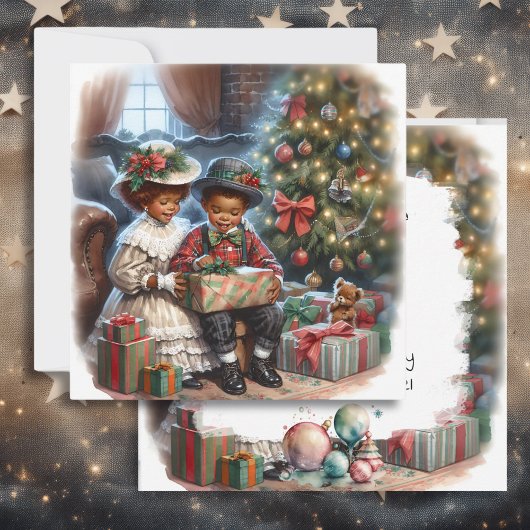 ヴィンテージの子どもたちがクリスマスプレゼントを開く カード